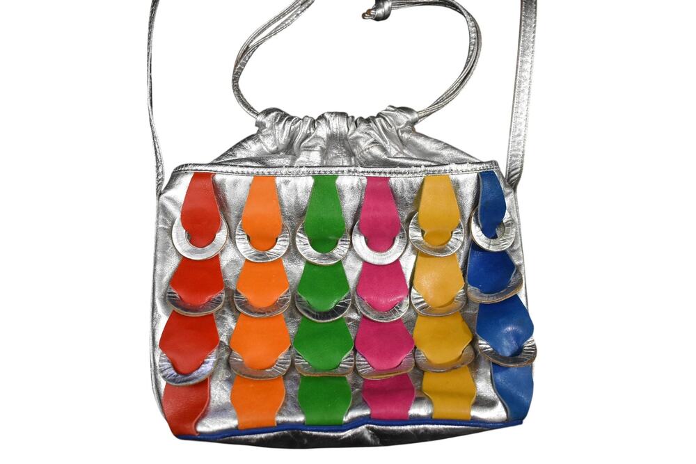 Vintage 80s Samir Postmodern Silver Leather Rainbow Fish Scale Drawstring Purse